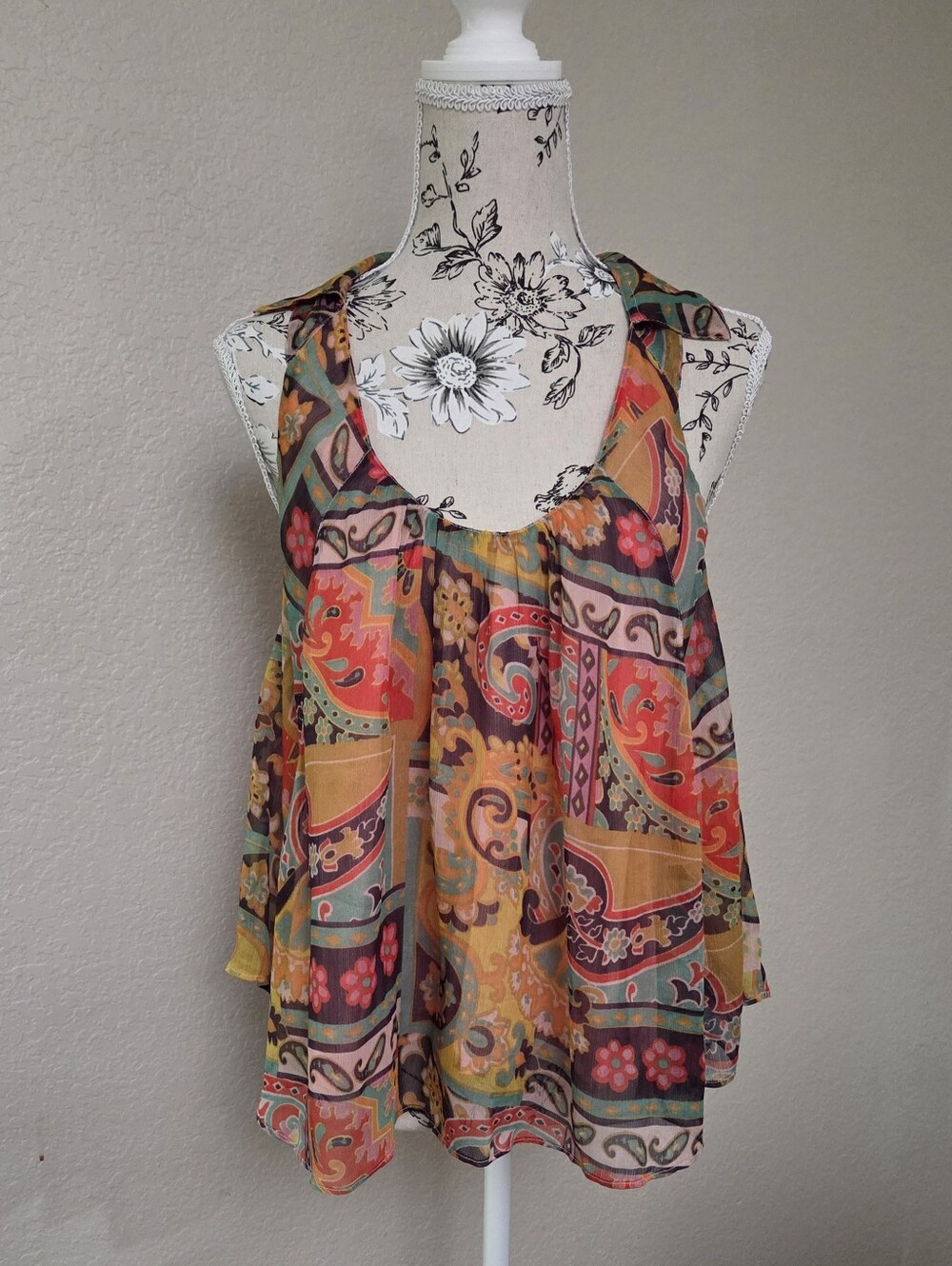 Free People Multicolor Paisley Chiffon Tank Top with Orange and Green Accents